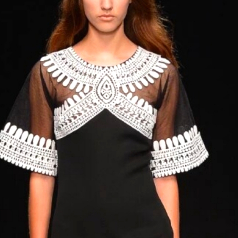 Gracia Black and White Sheer Yoke Embroidered Blouse